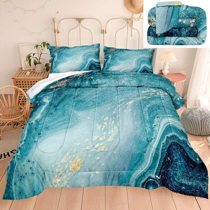 BLUE MARBLE COMFORTER KING SIZE BLUE AND GOLD MARBLE BEDDING SET FOR WOMEN ADULTS WESTERN BEDROOM DECOR AESTHETIC WATERCOLOR QUILT SET 3 PCS SOFT MICROFIBER DUVET SET
