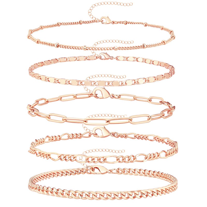 Gokeey Reoxvo Reovxo Dainty Rose Gold Chain Bracelet for Women 14K Rose Gold Link Bracelet for Women Layered Cuban Paperclip Link Chain Cute Gold Bracelets Set for Women Jewelry Gift Adjustable - Image 1