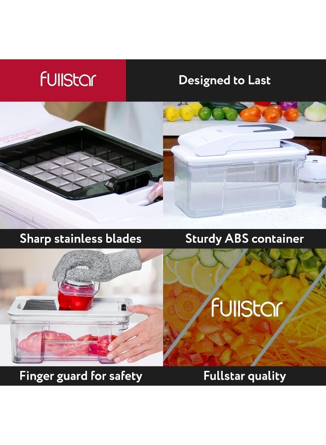 Fullstar مفرمة خضروات متعددة الأغراض، وقطاعة ماندولين ومبشرة جبن - قطاعة بطاطس مقلية متعددة الشفرات ومكعبات خضروات - تتضمن أداة تقطيع حلزونية يدوية إضافية وأدوات مطبخ (4 في 1، أسود/أبيض)  - Image 2