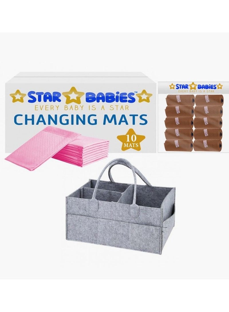 STAR BABiES Combo (Caddy Diaper Bag Grey, Disposable changing mat 10pcs, Scented Bag pack of 10-Brown - Image 1