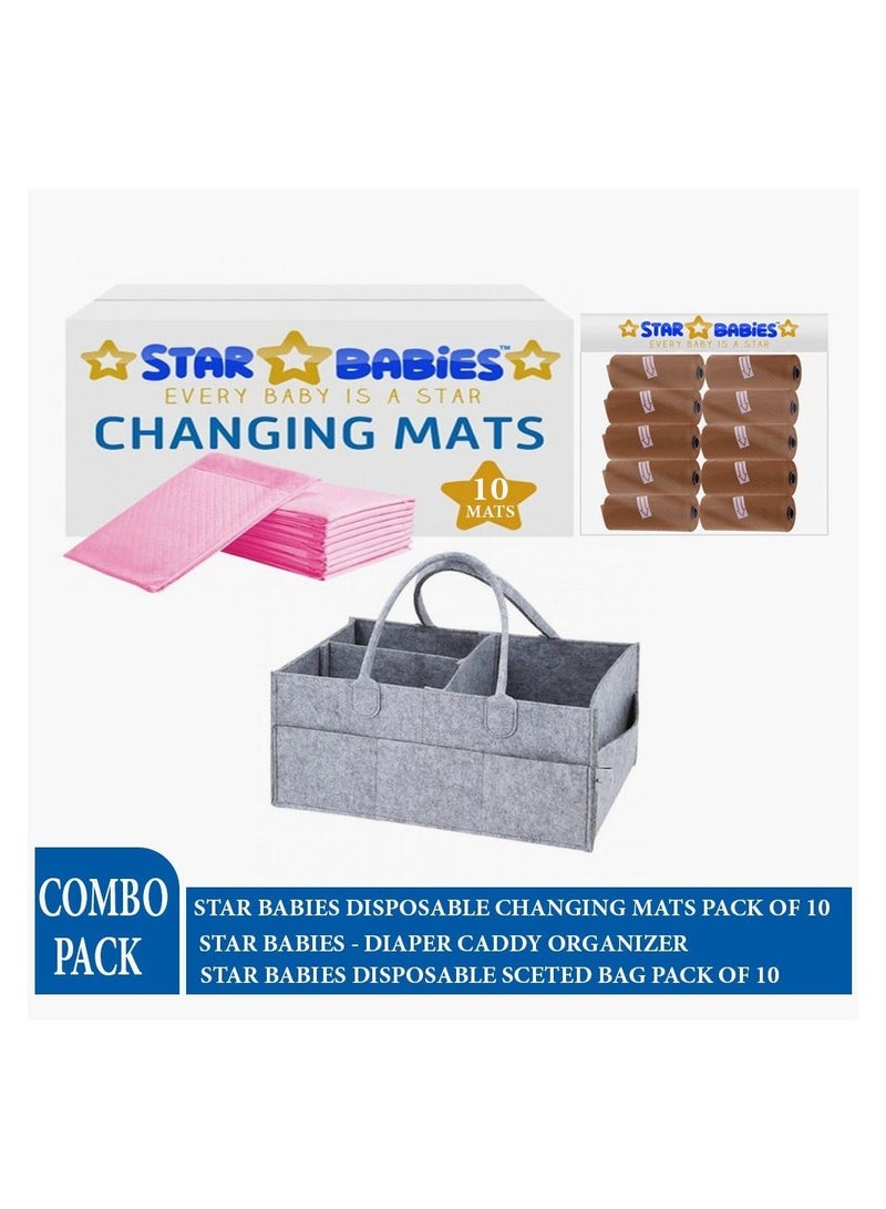 STAR BABiES Combo (Caddy Diaper Bag Grey, Disposable changing mat 10pcs, Scented Bag pack of 10-Brown - Image 2