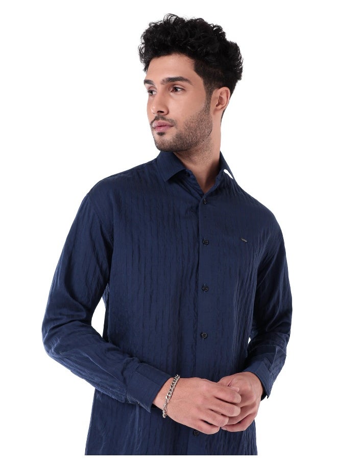 Beyoung Navy Blue Full Sleeves Casual Shirt for Men  - Image 5