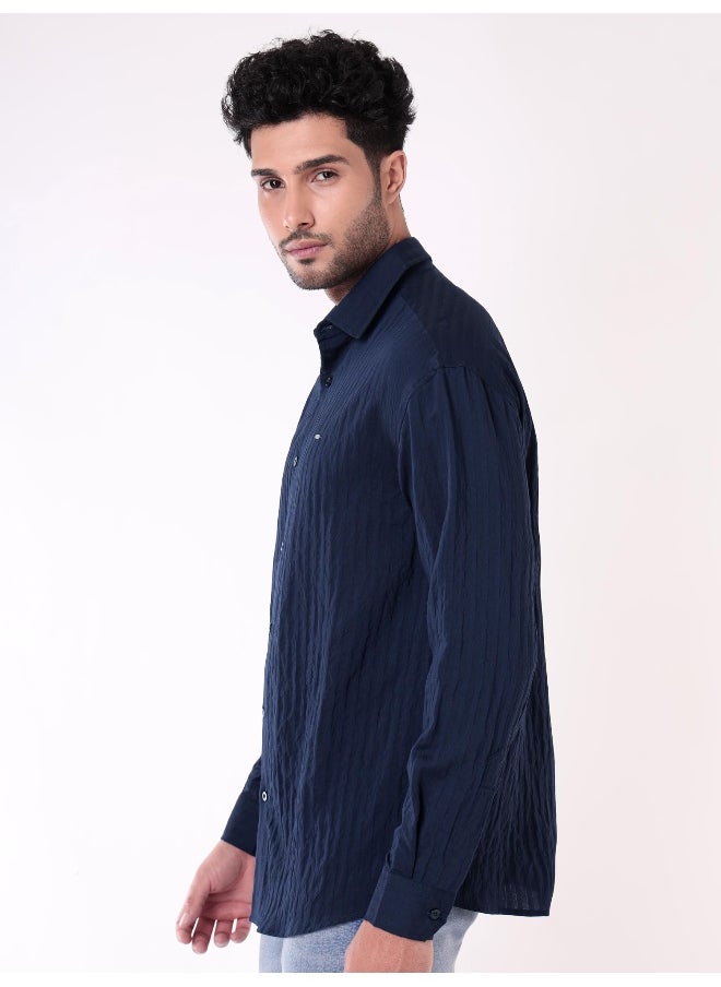 Beyoung Navy Blue Full Sleeves Casual Shirt for Men  - Image 4