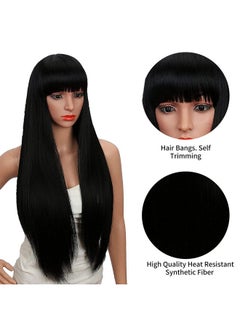 Kalyss Kalyss 28 Inches Women's Silky Long Straight Black Wig Heat Resistant Synthetic Wig With Bangs Hair Wig for Women  - Image 3