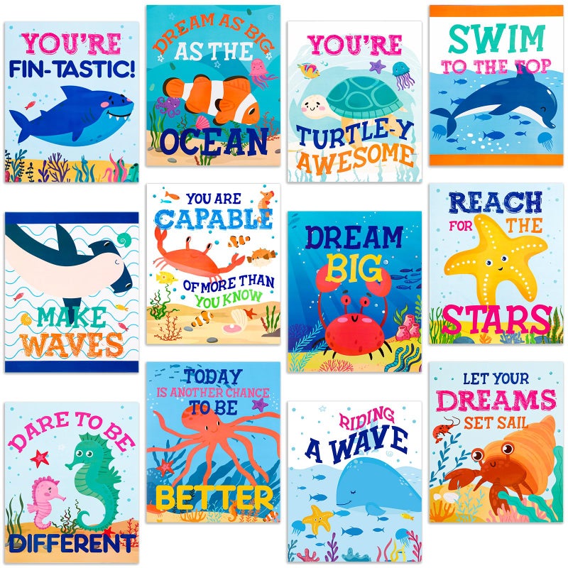 Harloon 12 Pcs Under The Sea Classroom Bulletin Board Decoration Inspirational Summer Ocean Sea Animal Life Positive Poster for Summer Office School Classroom Chalkboard Wall Ocean Party Decorations - Image 2