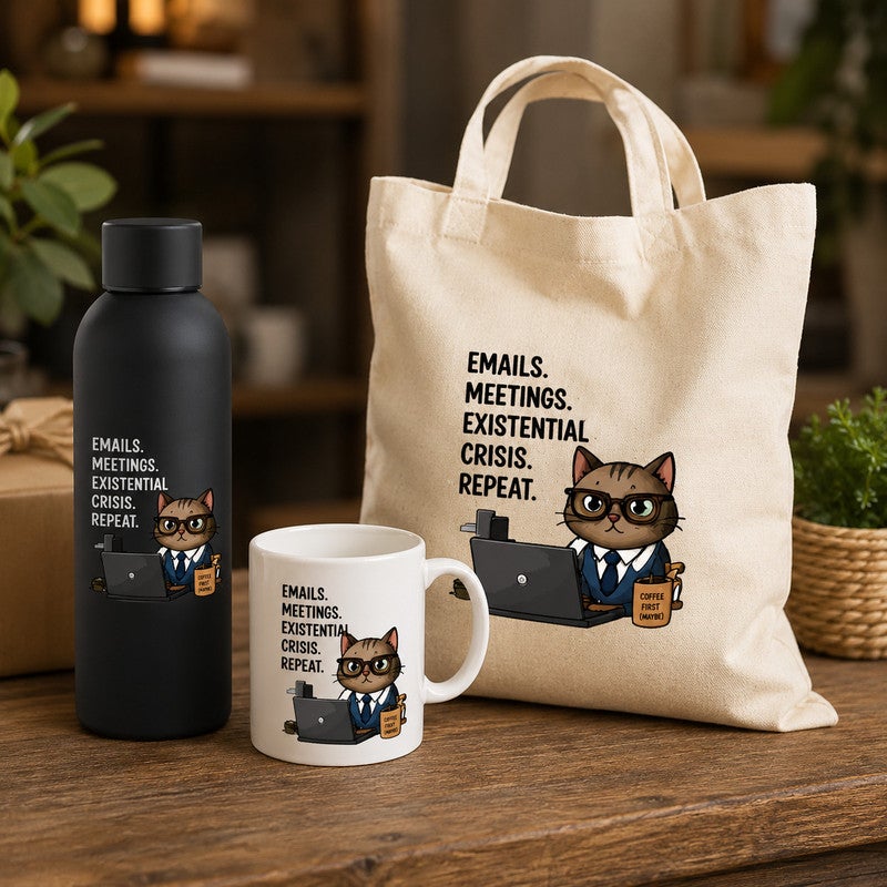 3-Piece Office Gift Set, "Emails. Meetings. Existential Crisis. Repeat." Funny Office Cat Print, Ceramic Mug + Thermal Flask 500 ml + Canvas Tote Bag, Coworker & Office Gift