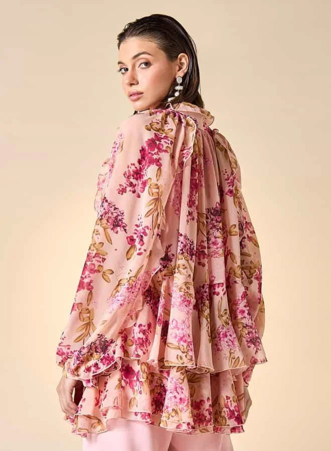 Iconic Iconic Floral Print Ruffle Detail Top with Tie-Up Neck and Long Sleeves