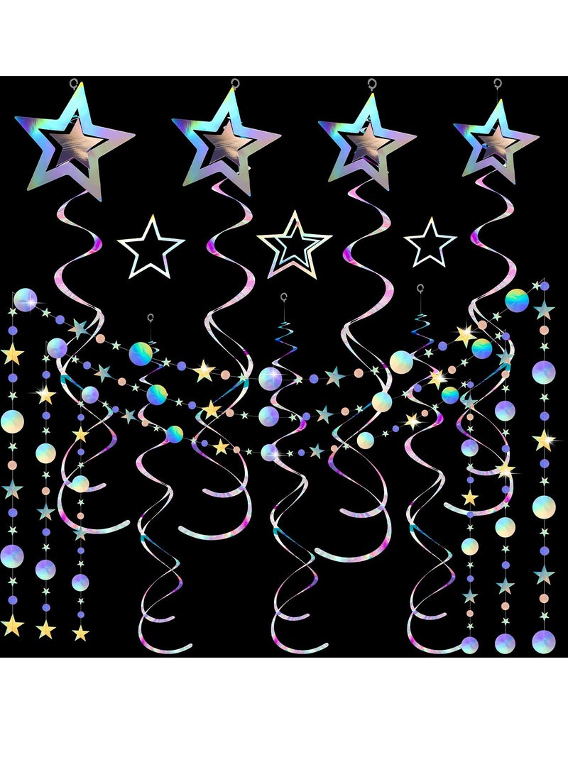 Party Supplies Kit 37 Pieces Iridescent Holographic Hanging Bling Twinkle Star Galaxy Garland Circle Dot Swirl Streamer Glitter Decorations for Wedding Disco Party Decorations - Image 1