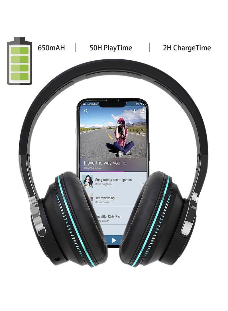 Excefore Wireless Headphones Over Ear, LED Light Up Wireless Bluetooth Headphones, Hi-Fi Stereo Headphones with Microphone, Foldable Lightweight Headphones for Travel, Office, Cellphone, PC, Black  - Image 2
