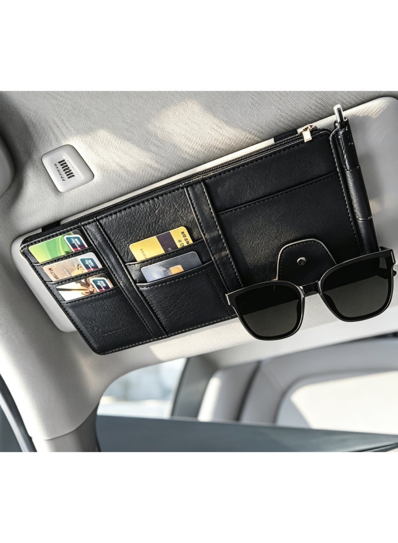 Arabest Car Visor Organizer with Sunglass Holder,Multi-Functional Car Sun Visor Organizer with Zipper for Cards,Money,Tickets,Leather Interior Accessories (Black) - Image 1