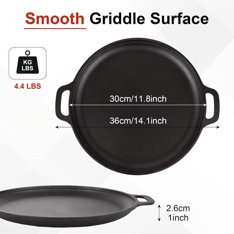 LOPYXBR Cast Iron Pizza Pan 12Inch/30CM Cast Iron Skillet Pan with Handle, Pre-Seasoned Round Cast Iron Griddle Pan for Tortillas, Baking Stove, Grill BBQ and Camping, Oven Safe - Image 2