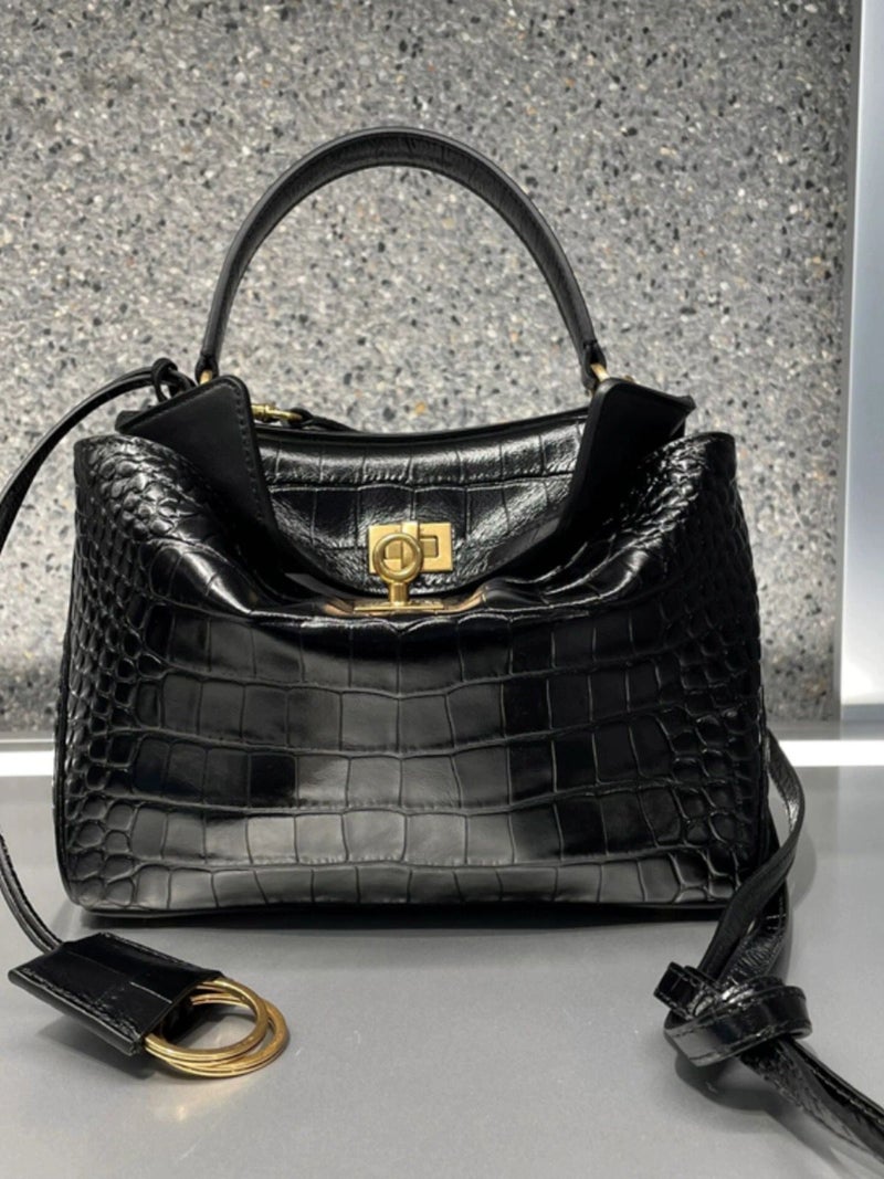 25 New Rot Crocodile Pattern Tote Bag Large Capacity Unisex Lock Kelly Bag Genuine Leather Shoulder Crossbody Bag - Image 4