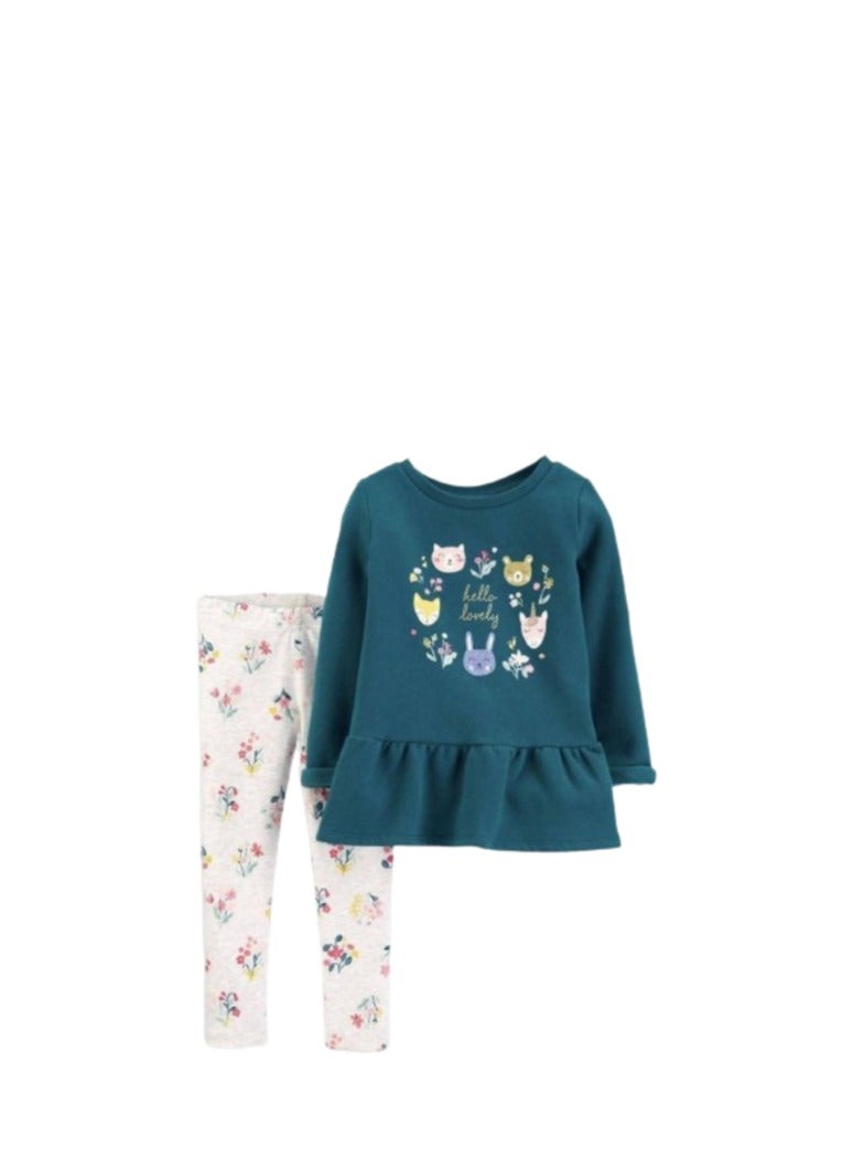 Girls set, petrol T-shirt and white pants - Image 1
