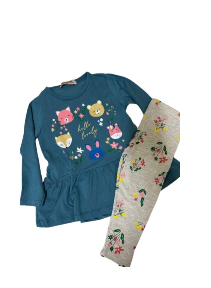 Girls set, petrol T-shirt and white pants - Image 2