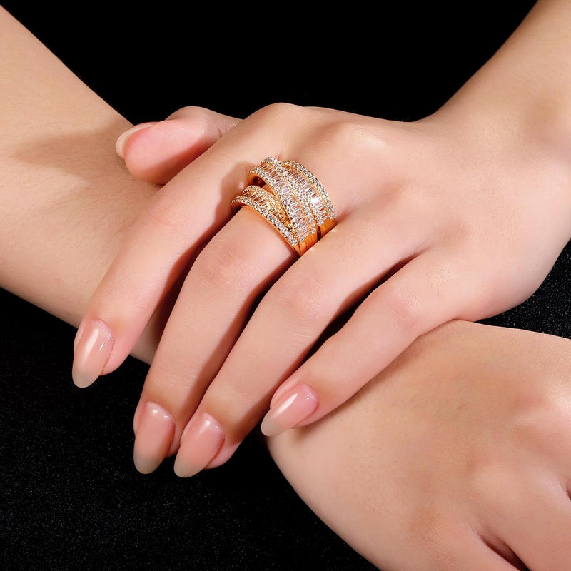 MDFUN 18K Yellow Gold Plated 3 Rows Emerald Cut Cubic Zirconia Rings Wedding Eternity Band for Women Men Size 6 - Image 3