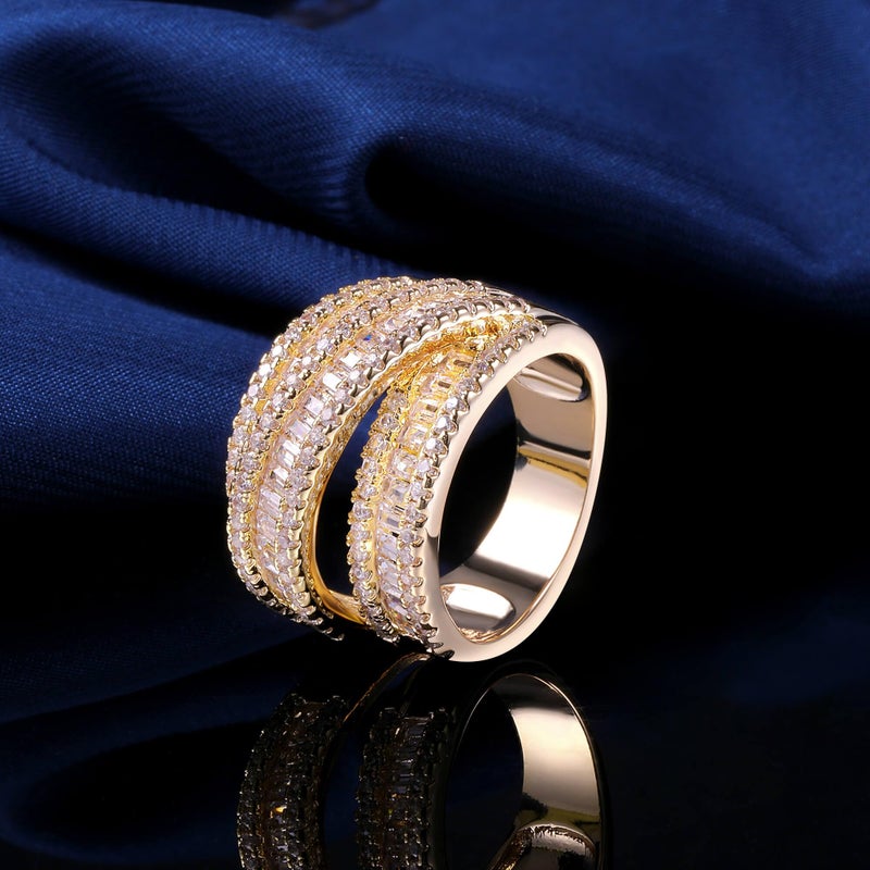 MDFUN 18K Yellow Gold Plated 3 Rows Emerald Cut Cubic Zirconia Rings Wedding Eternity Band for Women Men Size 6 - Image 5