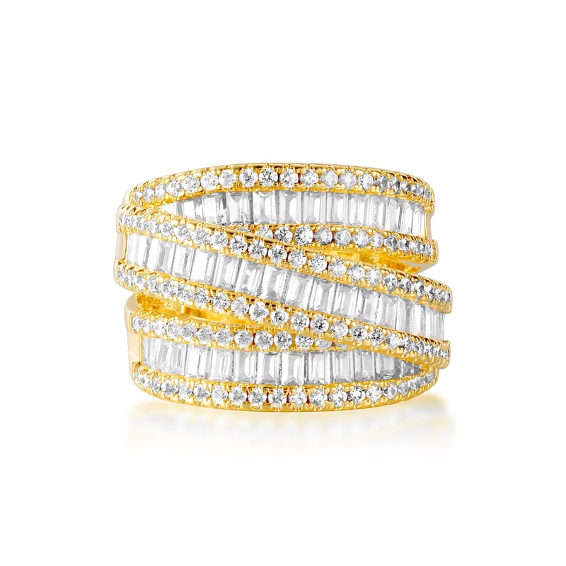 MDFUN 18K Yellow Gold Plated 3 Rows Emerald Cut Cubic Zirconia Rings Wedding Eternity Band for Women Men Size 6 - Image 1