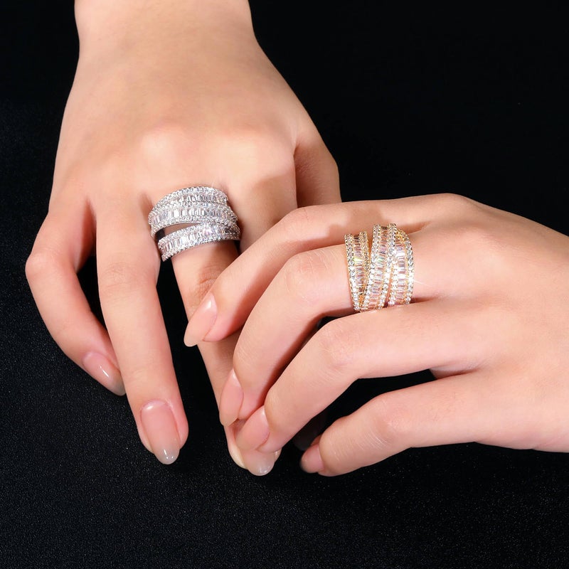 MDFUN 18K Yellow Gold Plated 3 Rows Emerald Cut Cubic Zirconia Rings Wedding Eternity Band for Women Men Size 6 - Image 2
