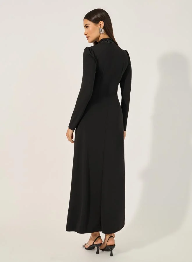 Styli Embellished Hight Neck A-Line Maxi Dress with Front Slit