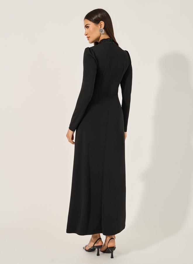 Styli Embellished Hight Neck A-Line Maxi Dress with Front Slit - Image 5
