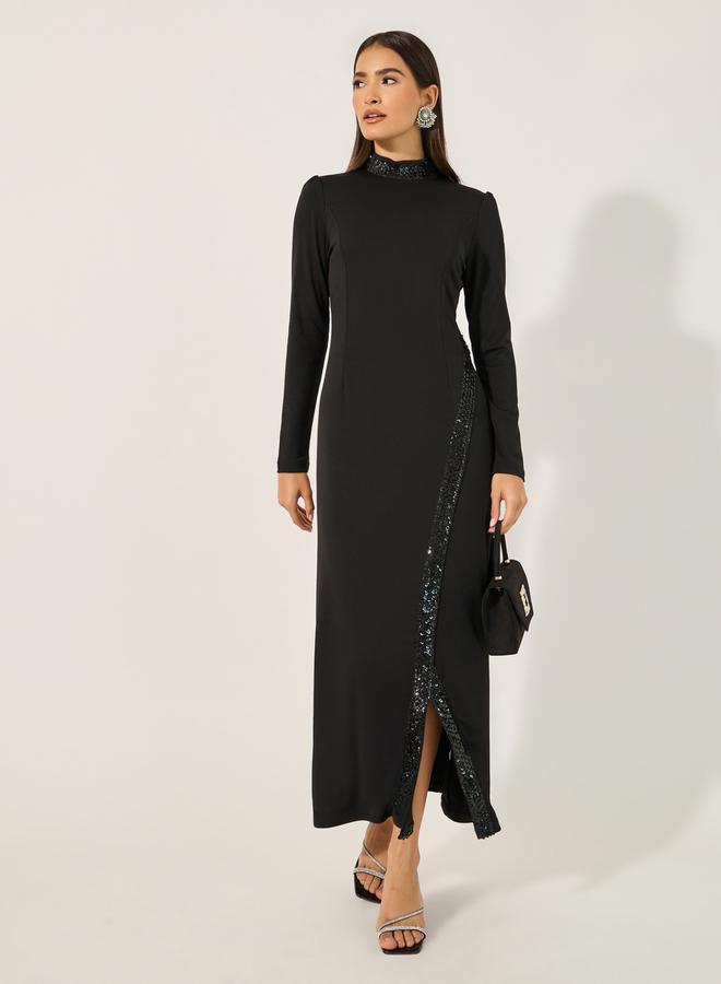 Styli Embellished Hight Neck A-Line Maxi Dress with Front Slit - Image 1