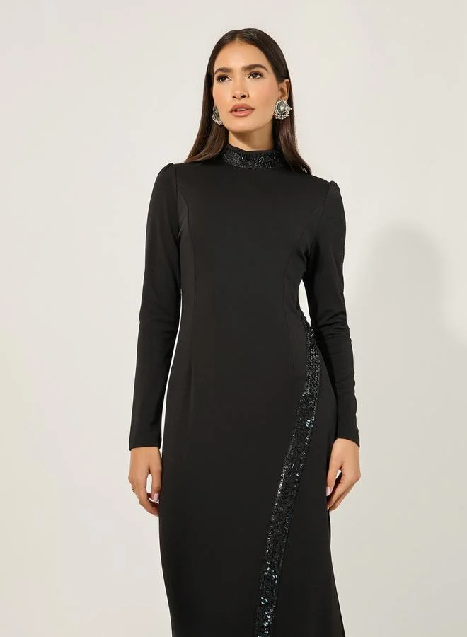 Styli Embellished Hight Neck A-Line Maxi Dress with Front Slit