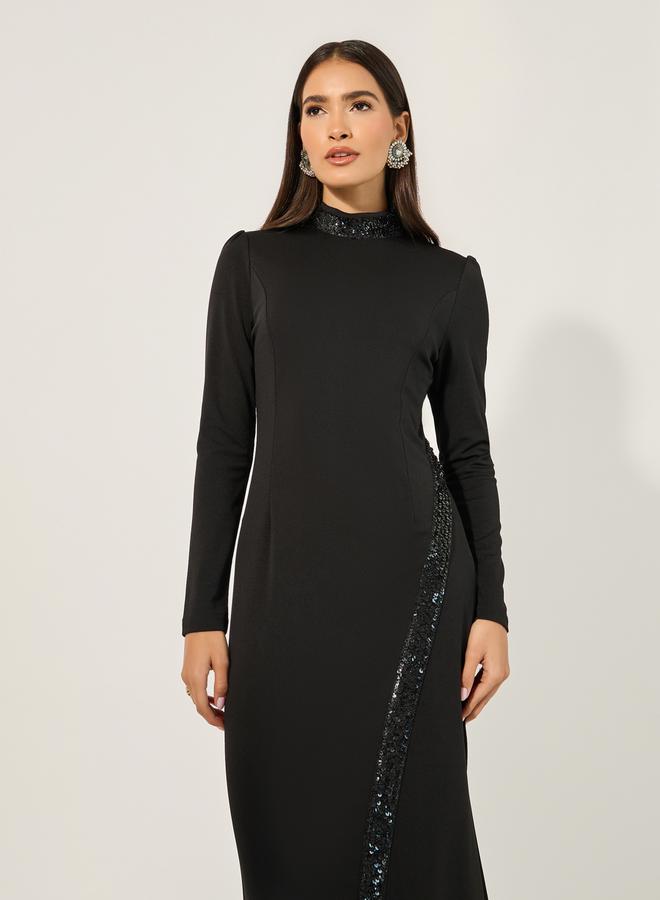 Styli Embellished Hight Neck A-Line Maxi Dress with Front Slit - Image 3