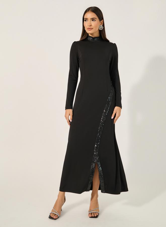 Styli Embellished Hight Neck A-Line Maxi Dress with Front Slit - Image 2