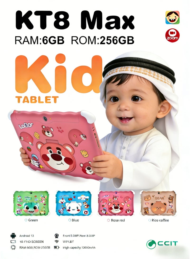 CCIT KT8 Max Kids Tablet - 10.1-inch HD Screen, 6GB RAM, 256GB ROM, Android 13, 10000mAh Battery, WiFi/BT with Protective Case-Rose Red (Lotso - Image 1