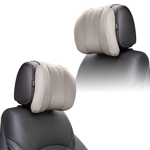 OBEROI'S TRADERS Car Headrest Pillow | Polyfill Fiber Cotton Neck/Head Support Cushion | Ergonomic Travel Headrest | Breathable Soft Cover | Universal Fit (Beige) - Image 1