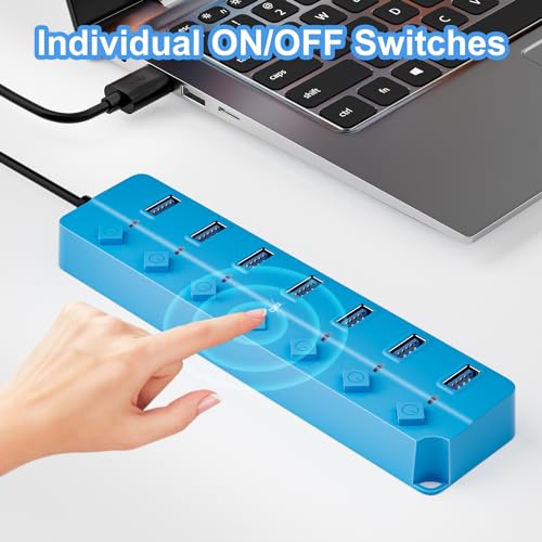 ONFINIO USB Hub 3.0, 7-Port USB Hub Splitter with Individual On/Off Switches and Lights, 3.2ft/1m Long Cable Compatible with MacBook, Laptop, Surface Pro, PS4, PC, Flash Drive, Mobile HDD-Blue - Image 4