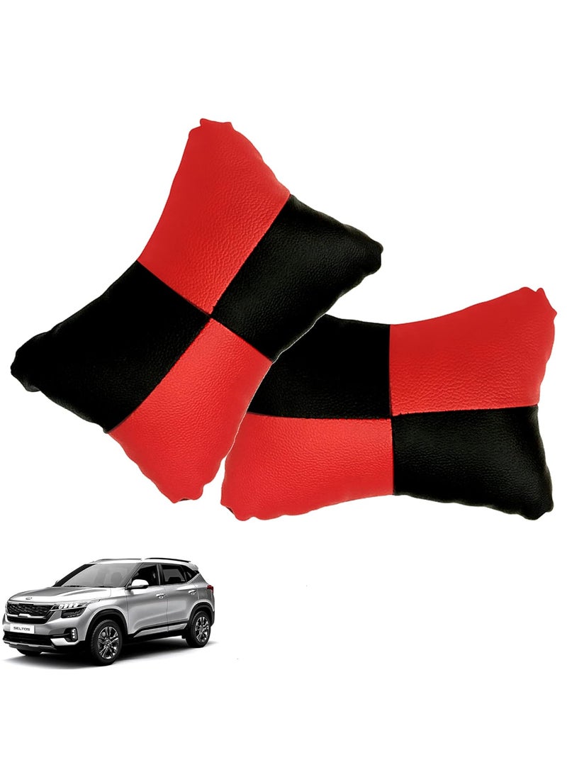 Adroitz Adroitz Red Car Seat Neck Rest Cushion Pillow in Check Design Set of 2 for Seltos_PR212  - Image 1