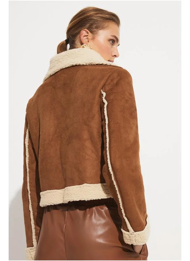 JUNE June Furry Coat Brown