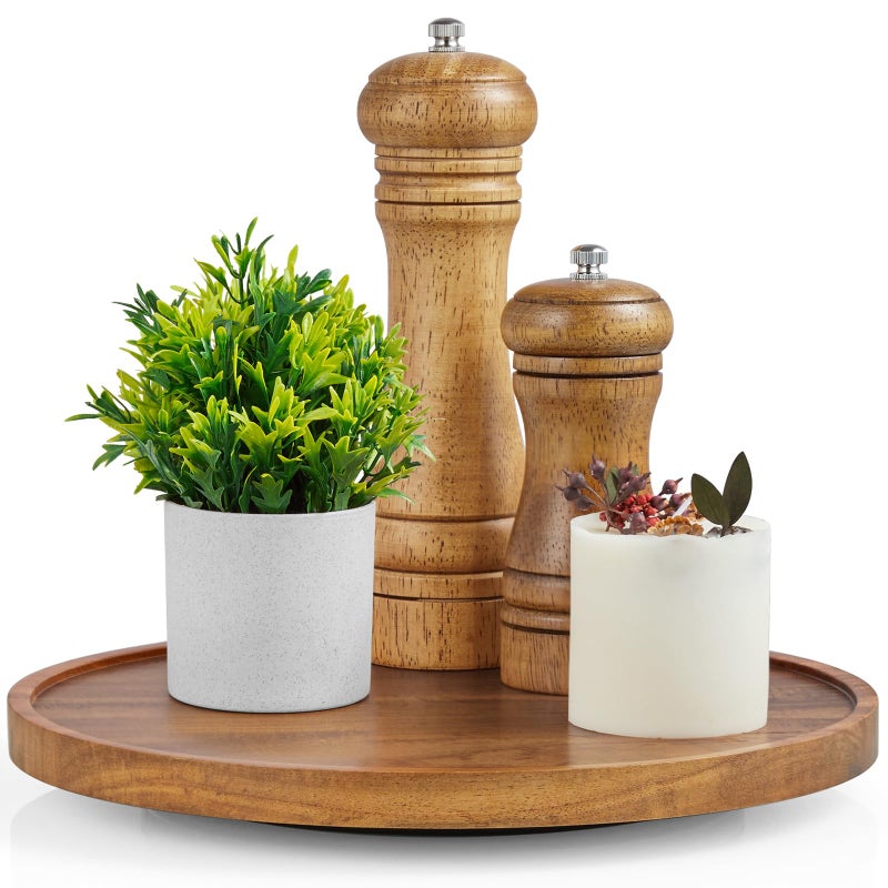 Bivvclaz 10" Acacia Wood Lazy Susan Turntable Organizer for Cabinet, Round Serving Tray Decorative Tray Vintage Centerpiece Candle Holder Tray, Farmhouse Tray for Kitchen Countertop Coffee Table Decor - Image 1