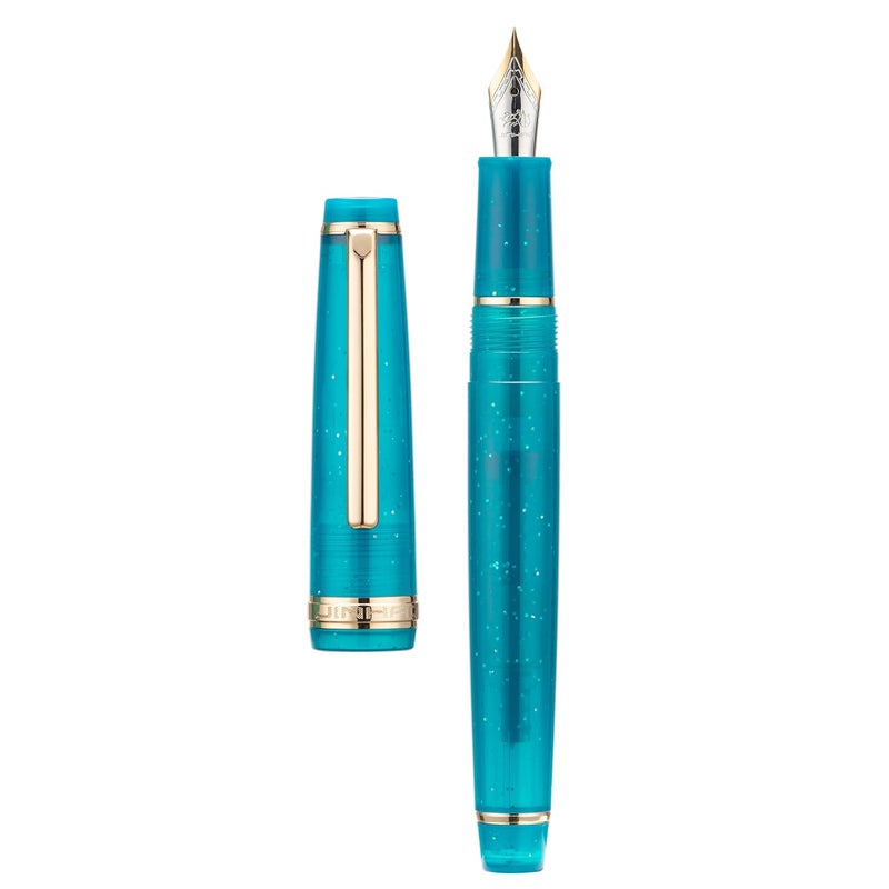 Wikult Jinhao 82 Acrylic Fountain Pen, Iridium Fine Nib with Ink Converter, Transparent Peacock Blue Fluorescent Classic Design Smooth Writing Pen (Gold Trim) - Image 1