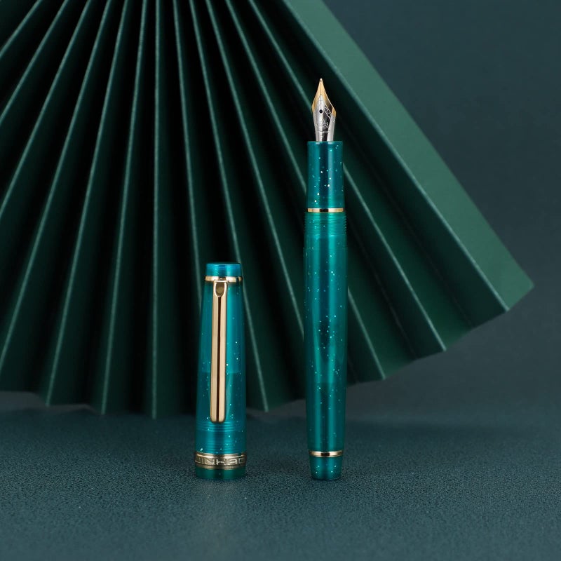 Wikult Jinhao 82 Acrylic Fountain Pen, Iridium Fine Nib with Ink Converter, Transparent Peacock Blue Fluorescent Classic Design Smooth Writing Pen (Gold Trim) - Image 4