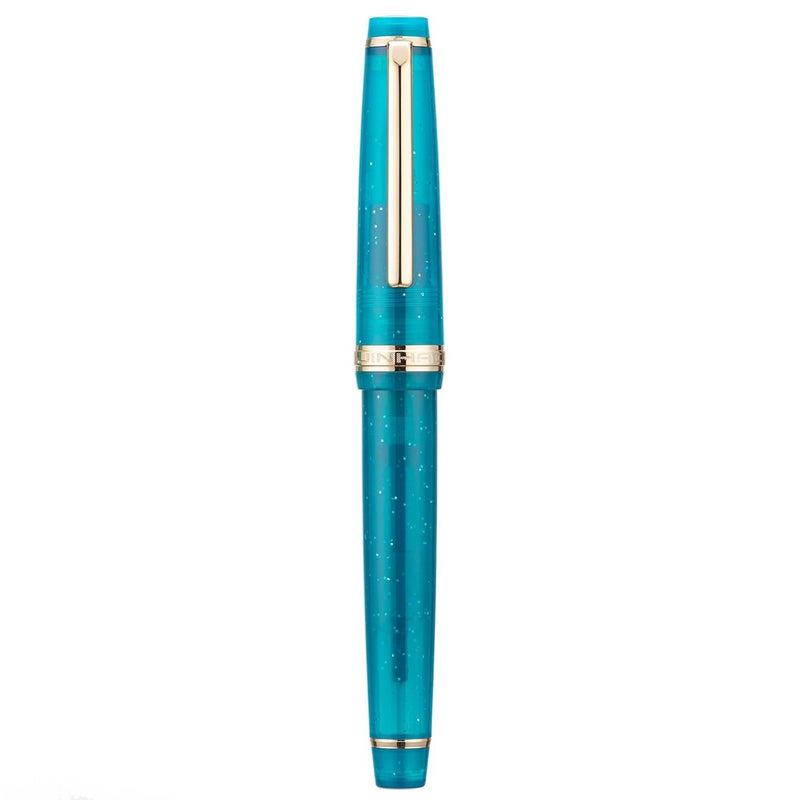 Wikult Jinhao 82 Acrylic Fountain Pen, Iridium Fine Nib with Ink Converter, Transparent Peacock Blue Fluorescent Classic Design Smooth Writing Pen (Gold Trim) - Image 2