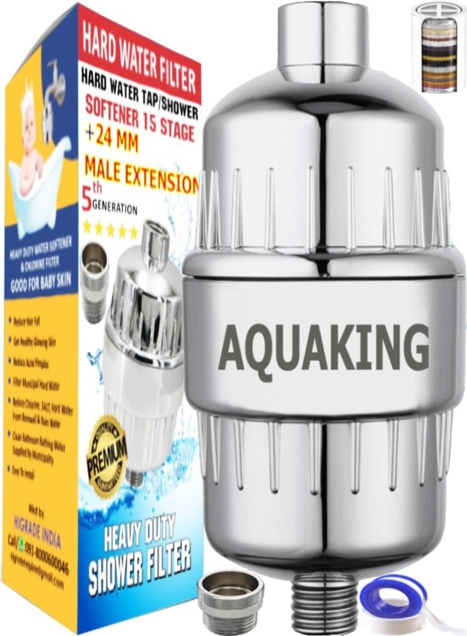Hard Water Shower Filter Softener - AQUAKING 15 Stage Home Bathroom Purifier Reduce Chlorine, Salt Clean Municipality Borewell Rain Water, Helps Stop Hair Fall With 24mm Tap Fitting Extensions