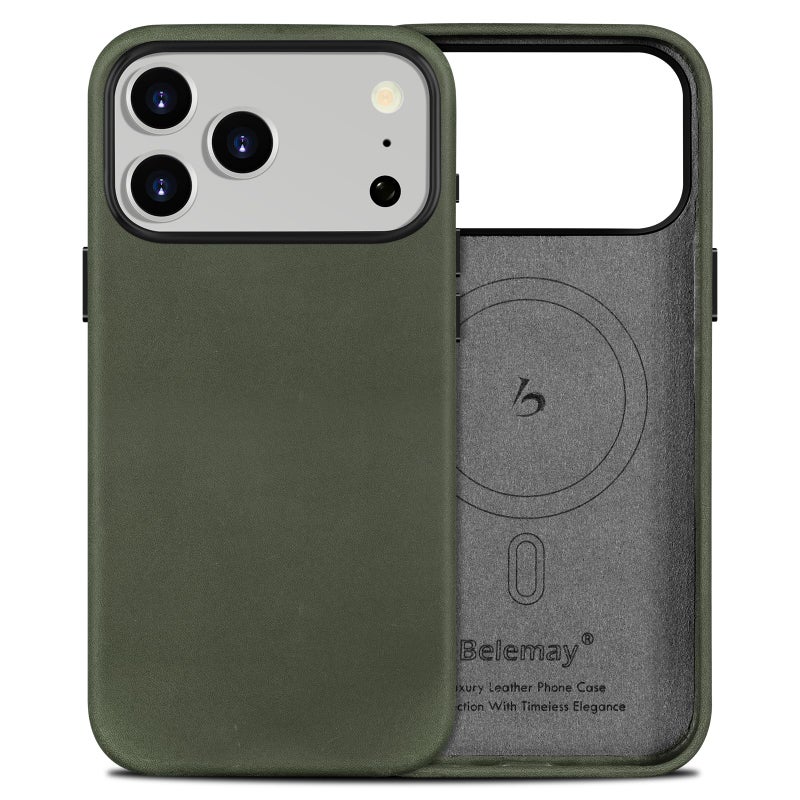 Belemay Handcrafted Crazy Horse Leather Case for iPhone 17 Pro Max, Compatible with MagSafe, Vintage Aesthetic, Two-Tone Effect, Unique Patina, Camera Control Button Coverage (6.9"), Pine Green - Image 1