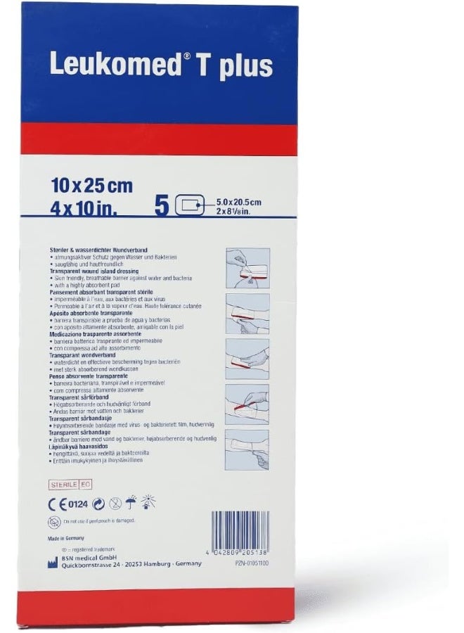 BSN Medical BSN Medical Leukomed T Plus Sterile Transparent Waterproof Adhesive Film Dressing with Pad, 10 cm x 25 cm Size  - Image 1