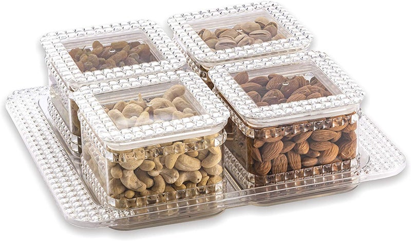 Nabhya Crysta Plastic Square Dry Fruit Container with Tray Set with Lid & Serving Tray, Storage Container Box 100% Air-Tight - 500 ml Plastic Grocery Container (Silver, 4 Pic Set) - Image 4