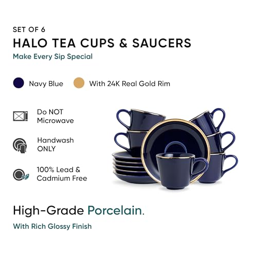 Shay Ceramic Tea Cup Saucer Set, Set of 6, Blue with Real Gold Line, 180ml | Cup Set of 6 for Tea | Glossy Finish (Cup Saucer - Blue Gold Line) - Image 2
