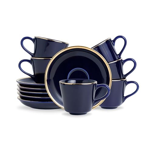 Shay Ceramic Tea Cup Saucer Set, Set of 6, Blue with Real Gold Line, 180ml | Cup Set of 6 for Tea | Glossy Finish (Cup Saucer - Blue Gold Line) - Image 1