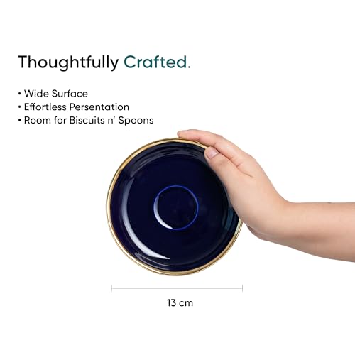 Shay Ceramic Tea Cup Saucer Set, Set of 6, Blue with Real Gold Line, 180ml | Cup Set of 6 for Tea | Glossy Finish (Cup Saucer - Blue Gold Line) - Image 5