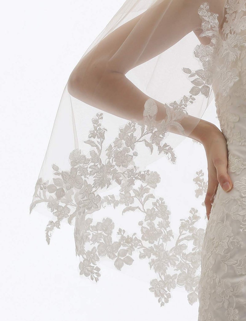 ELAWBTY Womens 2 Tier Fingertip Length Short Lace Wedding Bridal Veil With Comb X07 White - Image 5
