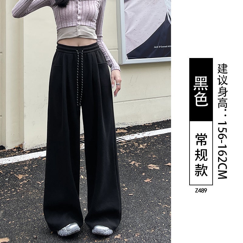 fleece-lined Thickened Sports Pants Womens Autumn and Winter 2024 New Lazy Style Design Small Style High Waist High Waist Black regular style 