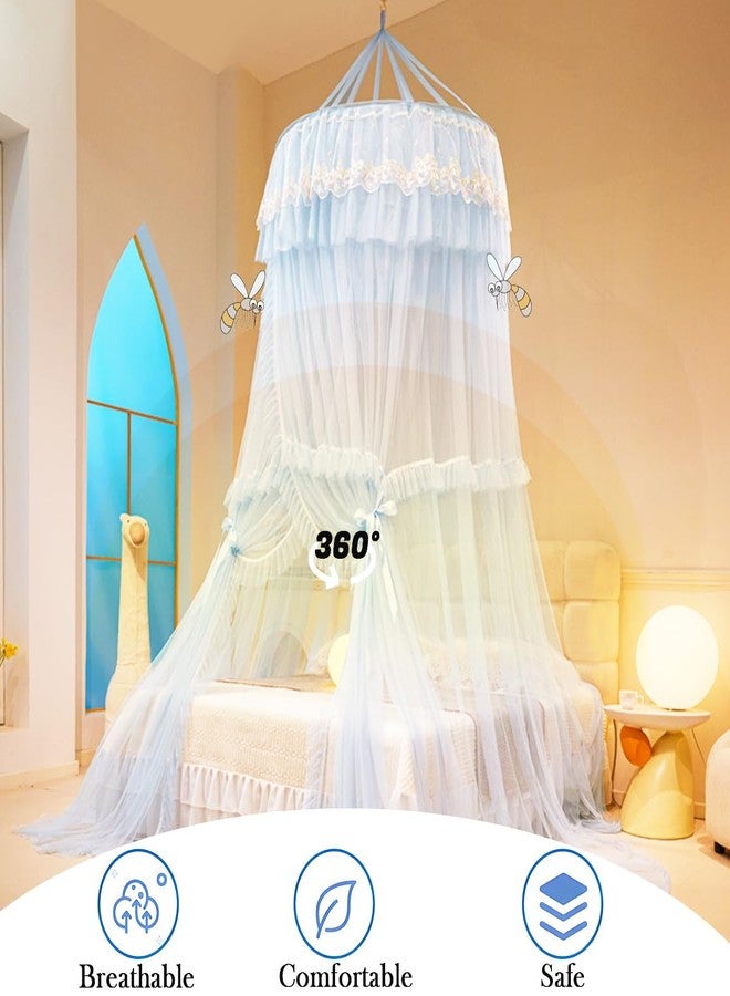 Akiky Bed Canopy for Girls Ruffle Princess Canopy Bed Curtains Round Dome Cozy Drape Netting Embroidery Lace Sheer Mesh for Girls&Adults Bedroom Décor(Blue) - Image 4