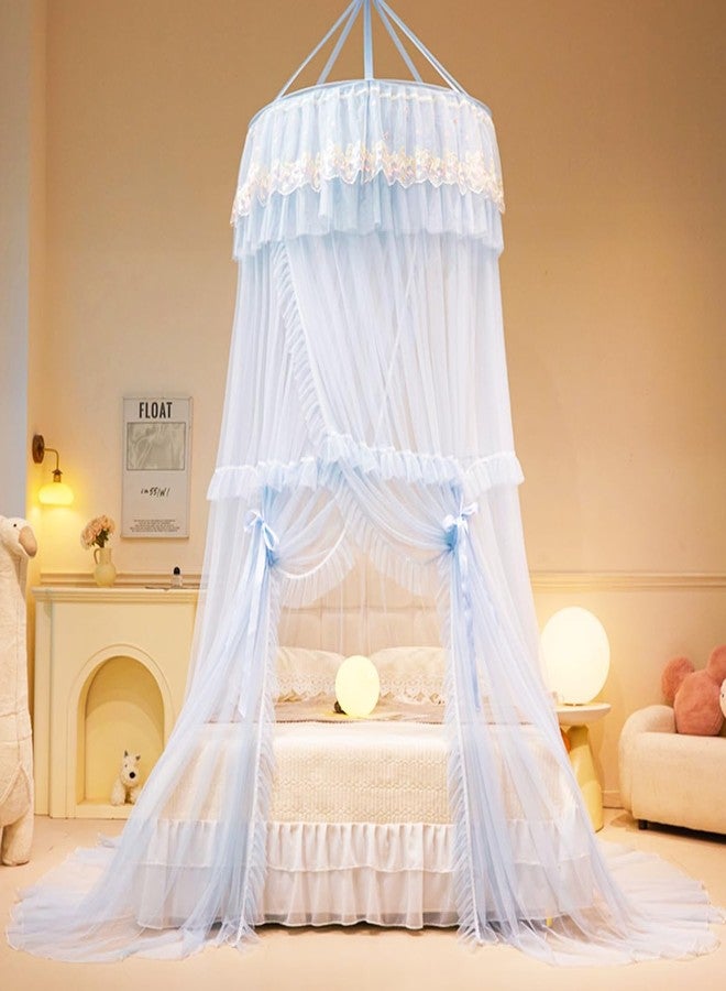 Akiky Bed Canopy for Girls Ruffle Princess Canopy Bed Curtains Round Dome Cozy Drape Netting Embroidery Lace Sheer Mesh for Girls&Adults Bedroom Décor(Blue) - Image 1