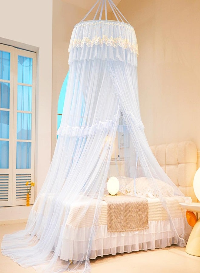 Akiky Bed Canopy for Girls Ruffle Princess Canopy Bed Curtains Round Dome Cozy Drape Netting Embroidery Lace Sheer Mesh for Girls&Adults Bedroom Décor(Blue) - Image 2