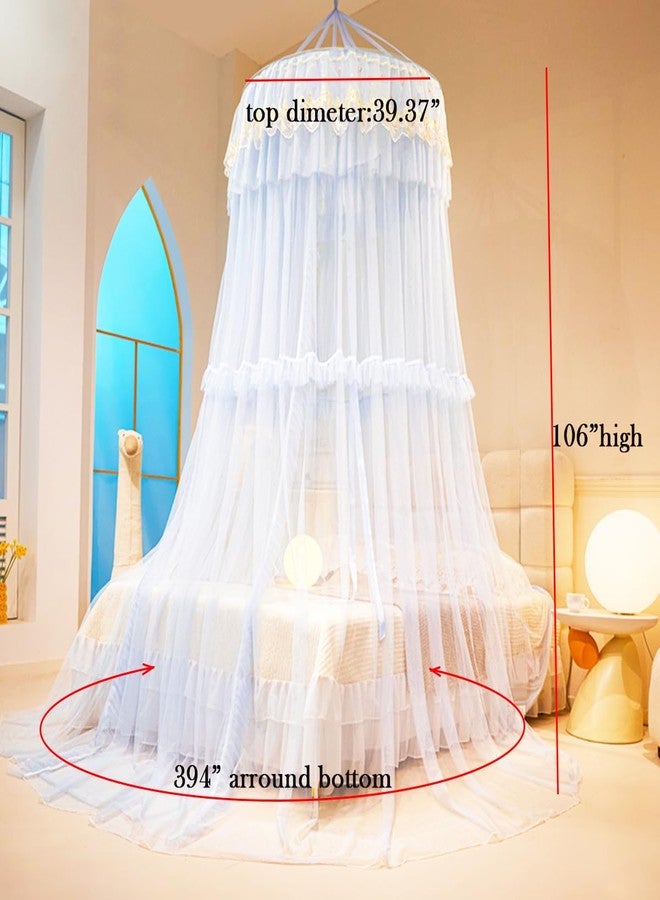 Akiky Bed Canopy for Girls Ruffle Princess Canopy Bed Curtains Round Dome Cozy Drape Netting Embroidery Lace Sheer Mesh for Girls&Adults Bedroom Décor(Blue) - Image 5